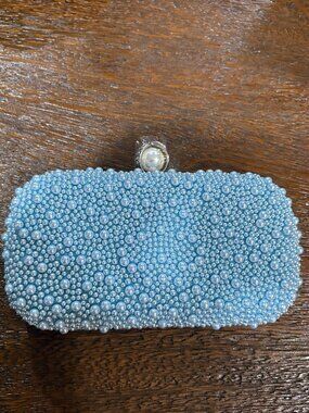 Baby Blue Pearl Studded Clutch Shoulder Purse Rhinestones Silver Cocktail Bride